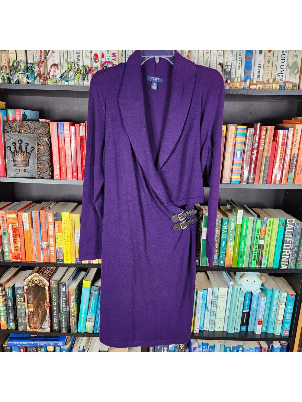 Chaps Purple Sweater Dress XL Faux Wrap Buckle Knit Long Sleeve Midi